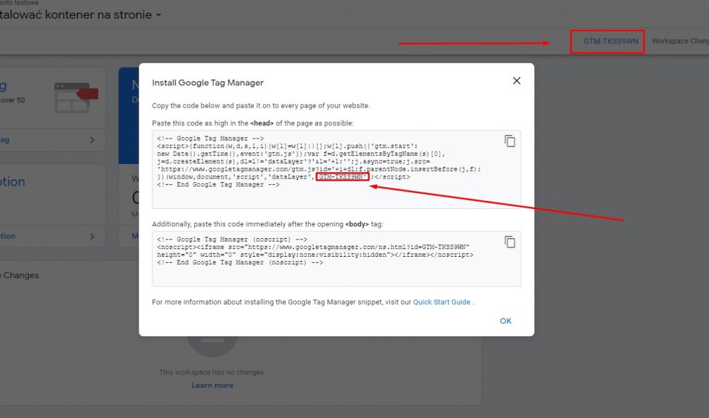 przykład kodu kontenera Google Tag Manager gotowego do instalacji na stronie